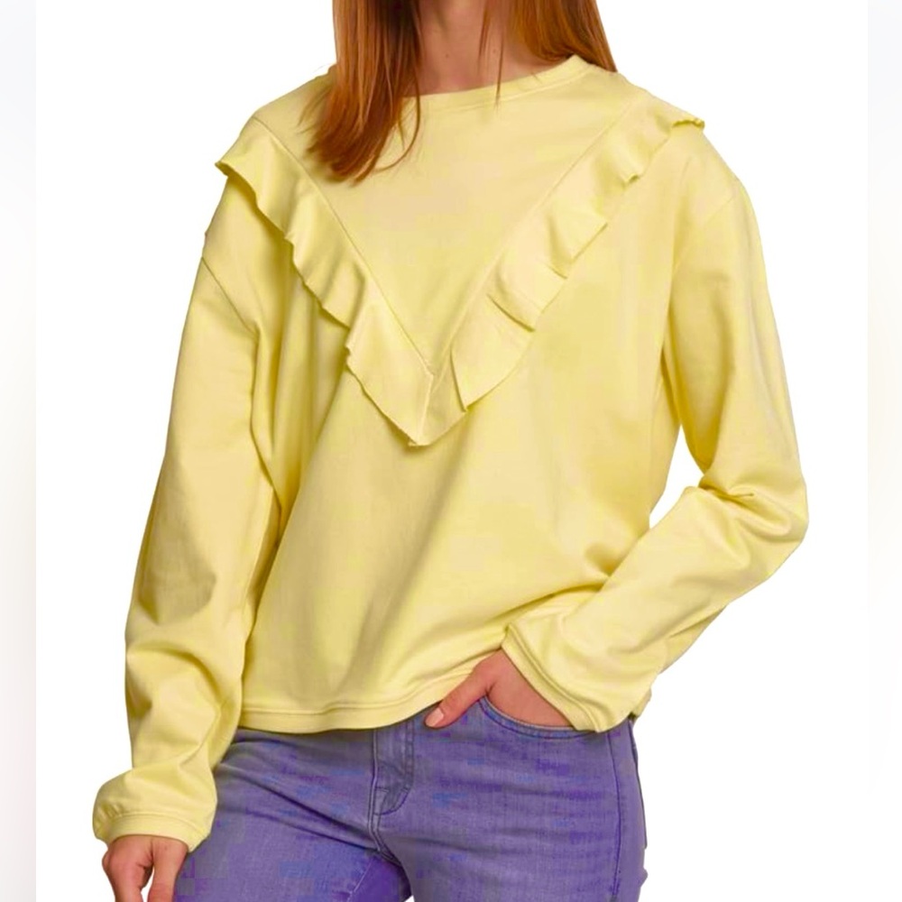 Brigitte Brianna Sunny Yellow Ruffle Accent Women's Crew Sweatshirt Pullover
